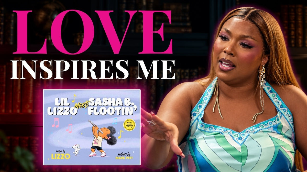 Lizzo discusses love and inspiration during an interview, featuring her children's book Lil Lizzo Meets Sasha B. Flootin’ and the words “Love Inspires Me.”